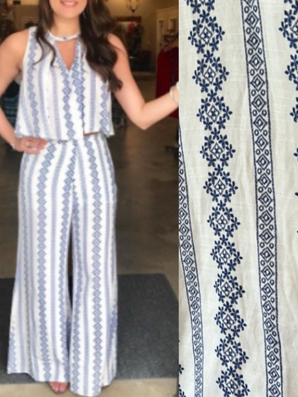 Hommage Los Angeles | Two Piece Wide Leg Pants Outfit White Blue Floral Aztec Sm